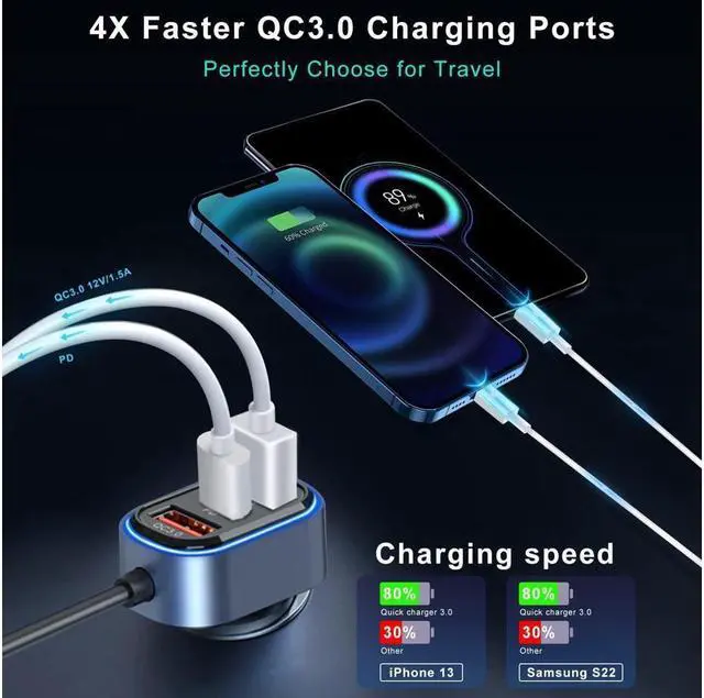 Alt view image 5 of 7 - KEHIPI 6 Multi Ports USB Car Charger, 65W QC3.0 Power PD Fast Car Charger Adapter, Type C Cigarette Lighter Charger for Cellphone Charging with 5FT Extension Cable & Back Clip Design