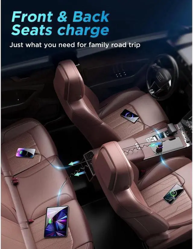 Alt view image 6 of 7 - KEHIPI USB C Car Charger, 60W 4 Port Fast Car Charger [PD& QC3.0 Quick Charge] [Extendable Coiled Type C Cable] Multi Port Cigarette Lighter Adapter for i-Phone/Android Smartphones etc.