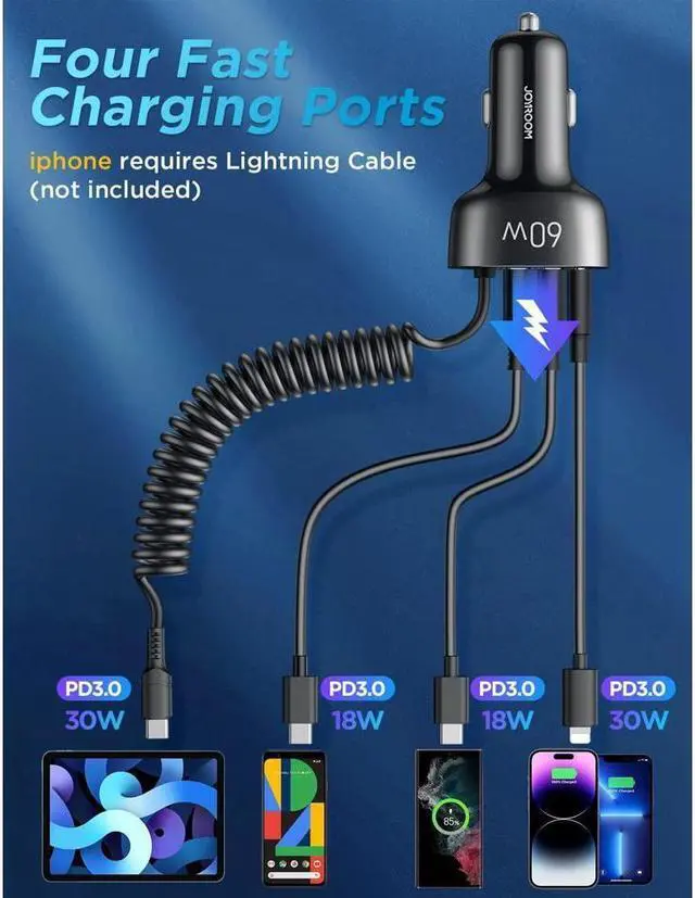 Alt view image 3 of 7 - KEHIPI USB C Car Charger, 60W 4 Port Fast Car Charger [PD& QC3.0 Quick Charge] [Extendable Coiled Type C Cable] Multi Port Cigarette Lighter Adapter for i-Phone/Android Smartphones etc.