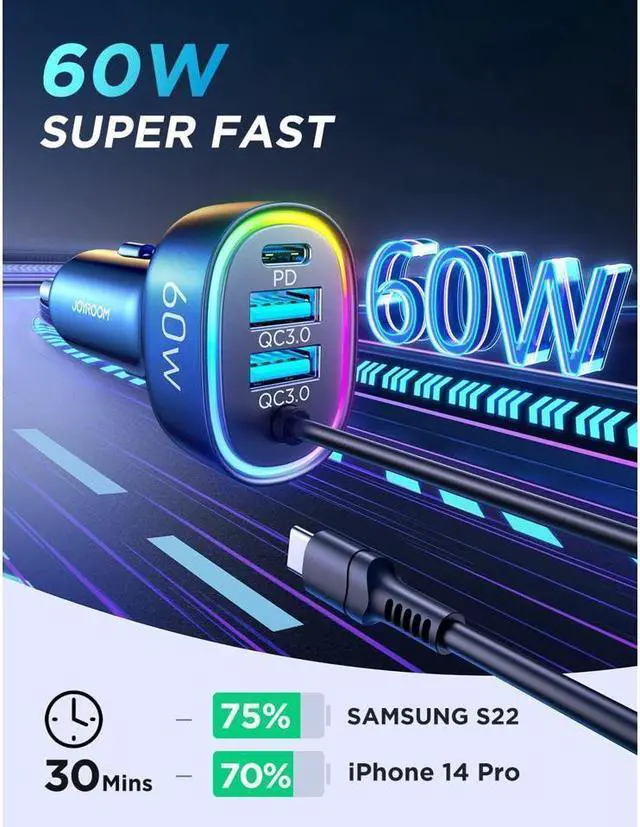 Alt view image 5 of 7 - KEHIPI USB C Car Charger, 60W 4 Port Fast Car Charger [PD& QC3.0 Quick Charge] [Extendable Coiled Type C Cable] Multi Port Cigarette Lighter Adapter for i-Phone/Android Smartphones etc.