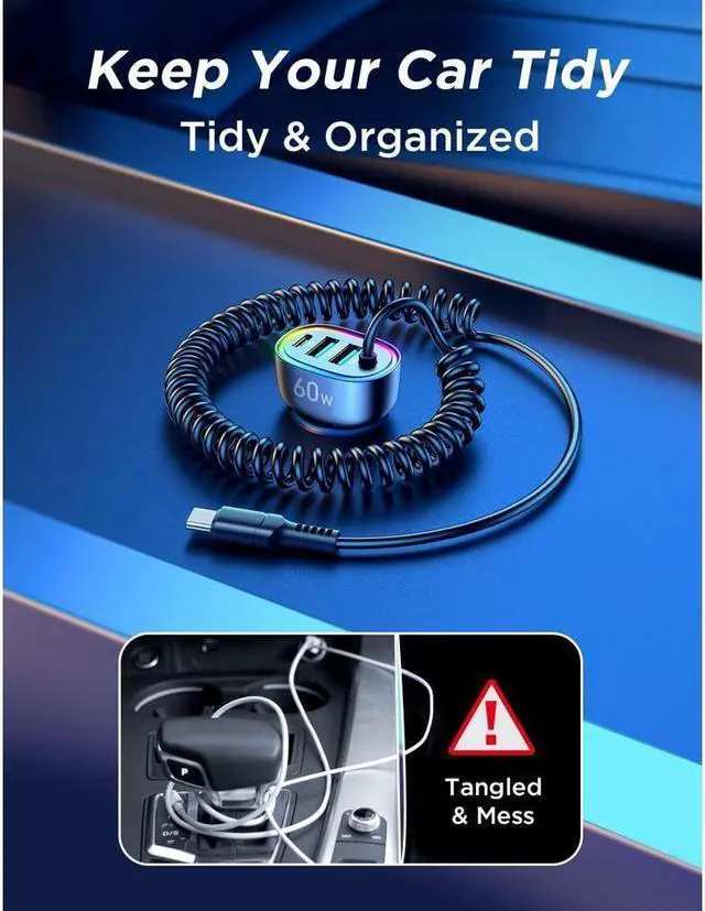 Alt view image 4 of 7 - KEHIPI USB C Car Charger, 60W 4 Port Fast Car Charger [PD& QC3.0 Quick Charge] [Extendable Coiled Type C Cable] Multi Port Cigarette Lighter Adapter for i-Phone/Android Smartphones etc.