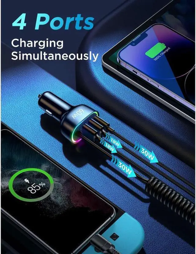 Alt view image 2 of 7 - KEHIPI USB C Car Charger, 60W 4 Port Fast Car Charger [PD& QC3.0 Quick Charge] [Extendable Coiled Type C Cable] Multi Port Cigarette Lighter Adapter for i-Phone/Android Smartphones etc.