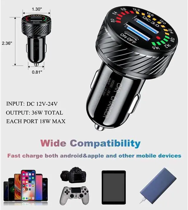 Alt view image 7 of 7 - KEHIPI Car Charger, Dual QC3.0 Port USB Car Charger Adapter, 36W 3A Fast Charge Car Phone Charger with Colorful Voltmeter & ON/Off Switch (Black)