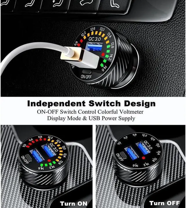 Alt view image 5 of 7 - KEHIPI Car Charger, Dual QC3.0 Port USB Car Charger Adapter, 36W 3A Fast Charge Car Phone Charger with Colorful Voltmeter & ON/Off Switch (Black)