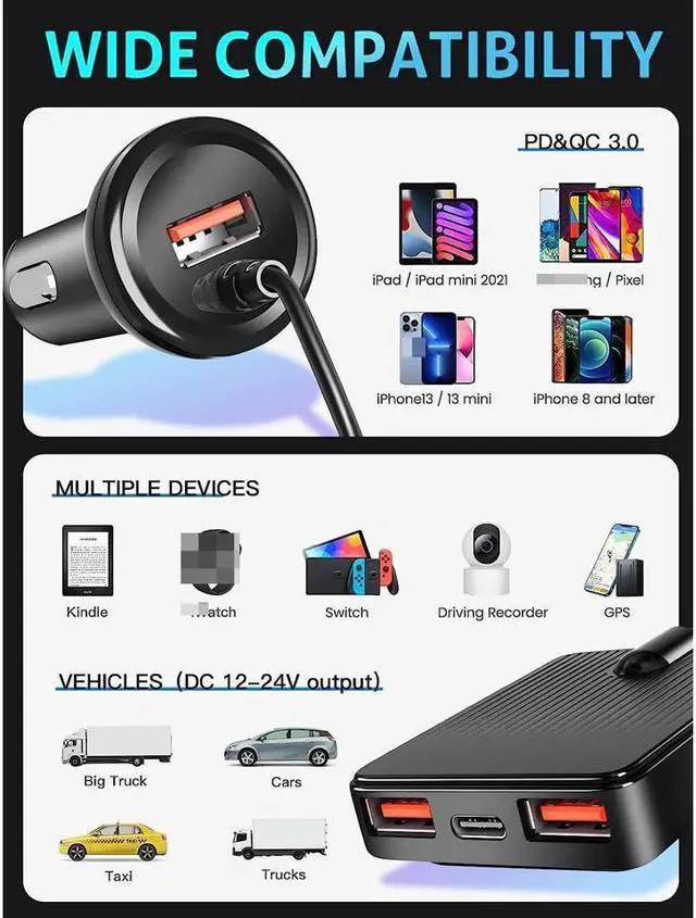 Alt view image 4 of 7 - KEHIPI USB C Car Charger, 74W Fast Car Phone Charger PD & QC 3.0 Car Charger with 6.5ft Cable for Back Seat Charging, 4 Multi Ports Cigarette Lighter Adapter Car Charger for Smartphones, Tablet PC..