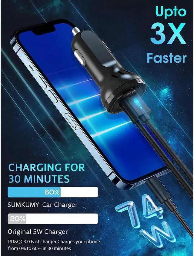 Alt view image 2 of 7 - KEHIPI USB C Car Charger, 74W Fast Car Phone Charger PD & QC 3.0 Car Charger with 6.5ft Cable for Back Seat Charging, 4 Multi Ports Cigarette Lighter Adapter Car Charger for Smartphones, Tablet PC..