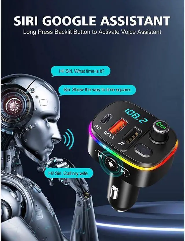 Alt view image 7 of 7 - KEHIPI Bluetooth FM Transmitter for Car Bluetooth 5.0, QC3.0 & PD 18W USB C Car Charger, 9 RGB Backlit Car Bluetooth Receivers, Bluetooth Car Adapter Support Handsfree Calls, Siri Assistant, USB Drive