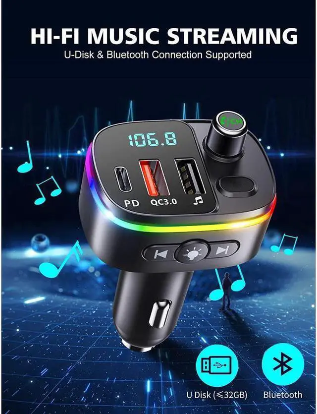 Alt view image 2 of 7 - KEHIPI Bluetooth FM Transmitter for Car Bluetooth 5.0, QC3.0 & PD 18W USB C Car Charger, 9 RGB Backlit Car Bluetooth Receivers, Bluetooth Car Adapter Support Handsfree Calls, Siri Assistant, USB Drive