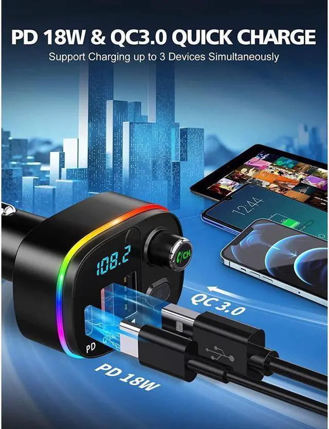 Alt view image 4 of 7 - KEHIPI Bluetooth FM Transmitter for Car Bluetooth 5.0, QC3.0 & PD 18W USB C Car Charger, 9 RGB Backlit Car Bluetooth Receivers, Bluetooth Car Adapter Support Handsfree Calls, Siri Assistant, USB Drive
