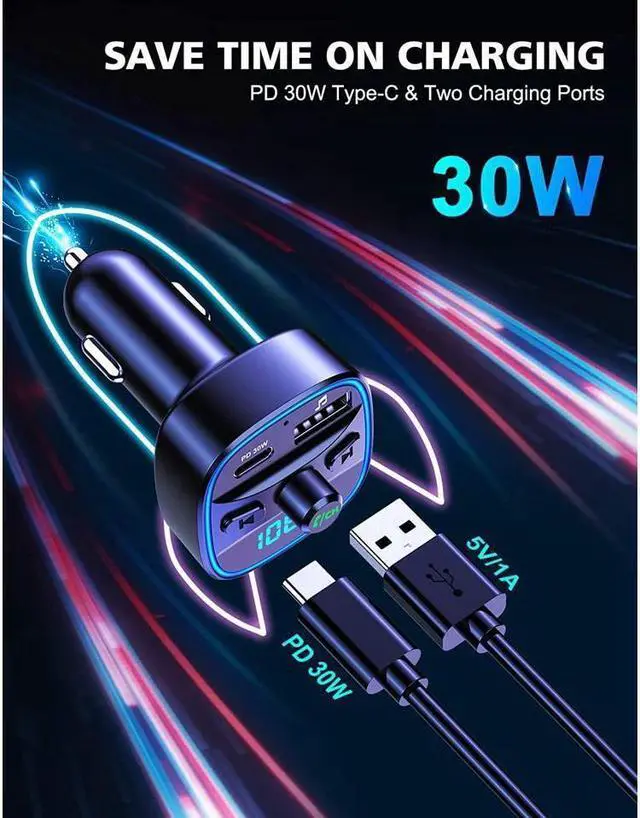 Alt view image 2 of 7 - KEHIPI Bluetooth V5.0 FM Transmitter for Car, Type-C PD 20W Quick Charging Bluetooth Car Adapter with Hands-Free Calling, Wireless FM Radio Receiver Music Player/Car Kit Support SD Card & USB Disk