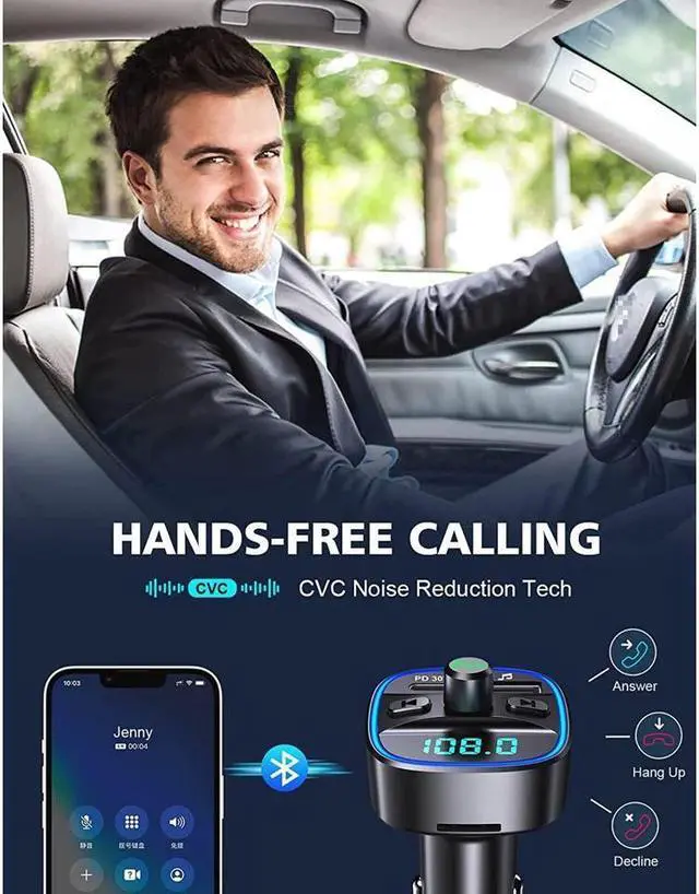 Alt view image 6 of 7 - KEHIPI Bluetooth V5.0 FM Transmitter for Car, Type-C PD 20W Quick Charging Bluetooth Car Adapter with Hands-Free Calling, Wireless FM Radio Receiver Music Player/Car Kit Support SD Card & USB Disk