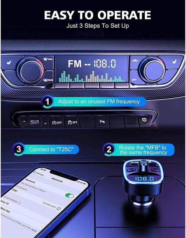 Alt view image 4 of 7 - KEHIPI Bluetooth V5.0 FM Transmitter for Car, Type-C PD 20W Quick Charging Bluetooth Car Adapter with Hands-Free Calling, Wireless FM Radio Receiver Music Player/Car Kit Support SD Card & USB Disk