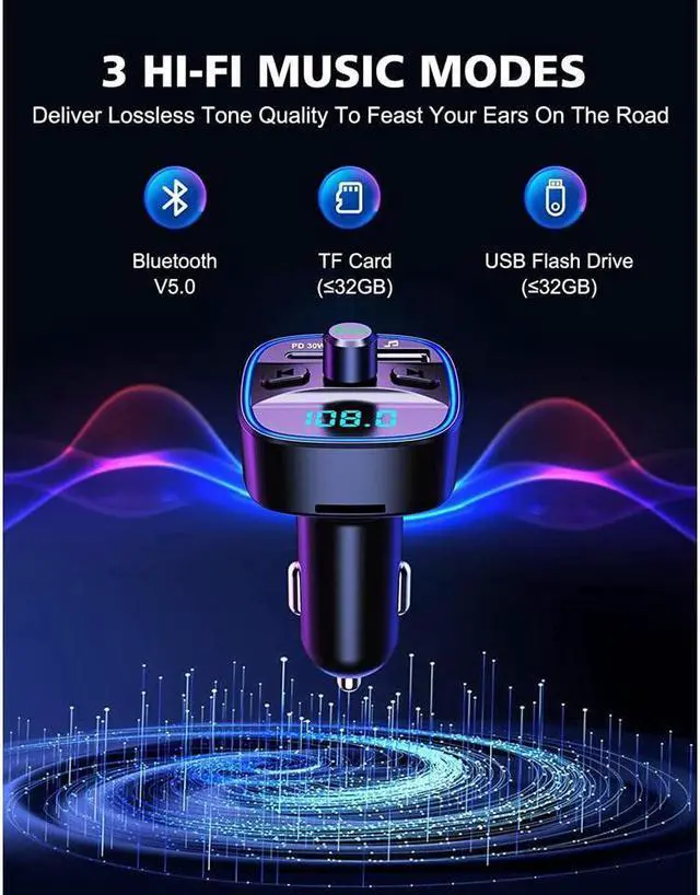 Alt view image 3 of 7 - KEHIPI Bluetooth V5.0 FM Transmitter for Car, Type-C PD 20W Quick Charging Bluetooth Car Adapter with Hands-Free Calling, Wireless FM Radio Receiver Music Player/Car Kit Support SD Card & USB Disk