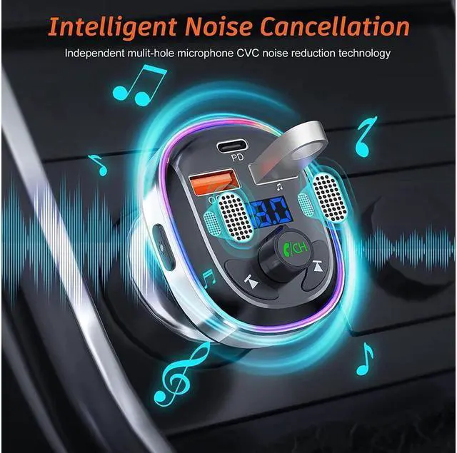 Alt view image 4 of 7 - KEHIPI Bluetooth Car Adapter, Car FM Bluetooth 5.3 Transmitter for Auto [Stronger Dual Mics + Metal Shell] 30W PD&QC3.0 Support Handsfree Call, Siri Google Assistant, 7 Color Lights, LED Voltmeter