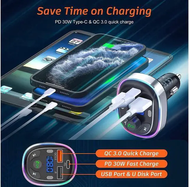 Alt view image 3 of 7 - KEHIPI Bluetooth Car Adapter, Car FM Bluetooth 5.3 Transmitter for Auto [Stronger Dual Mics + Metal Shell] 30W PD&QC3.0 Support Handsfree Call, Siri Google Assistant, 7 Color Lights, LED Voltmeter
