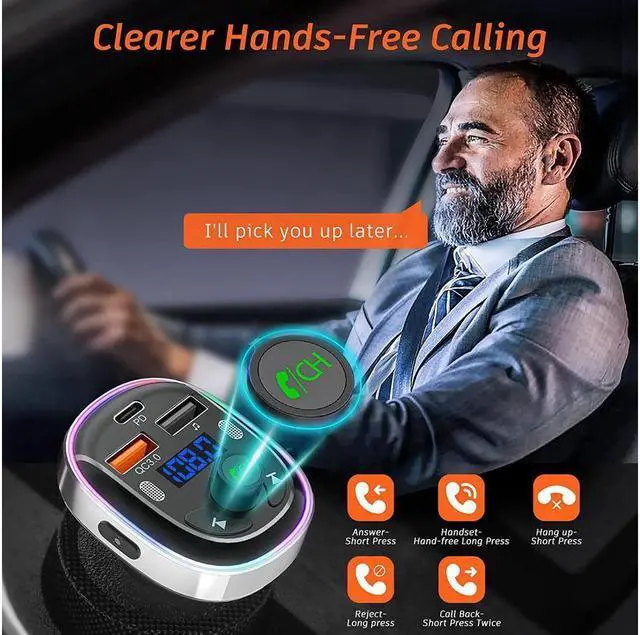 Alt view image 5 of 7 - KEHIPI Bluetooth Car Adapter, Car FM Bluetooth 5.3 Transmitter for Auto [Stronger Dual Mics + Metal Shell] 30W PD&QC3.0 Support Handsfree Call, Siri Google Assistant, 7 Color Lights, LED Voltmeter