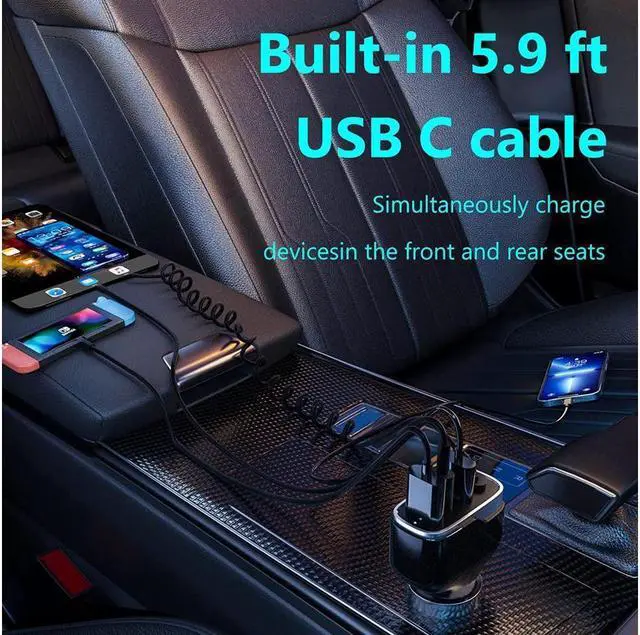 Alt view image 2 of 7 - KEHIPI USB C Fast Car Charger 50W 4-Ports, Built-in 5.9FT Type C Cable, Dual Type C and Dual USB-A Ports Charger with PD25W/PPS25W&QC18W, Compatible with IOS Android Smartphones etc..