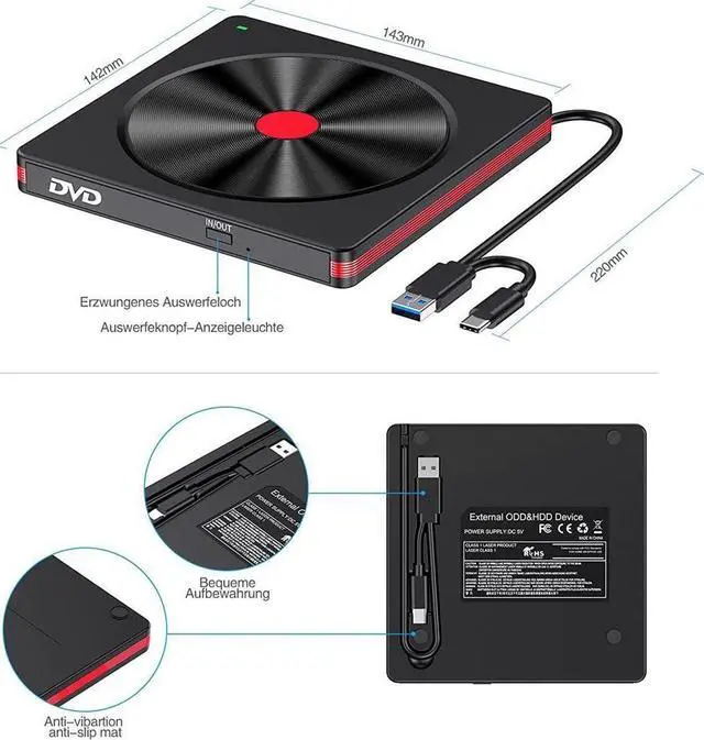 Alt view image 3 of 7 - KEHIPI External DVD CD Drive, USB 3.0 & Type-C Portable CD DVD+/-RW Burner Optical Drives CD ROM/DVD Player Reader DVD Drive External for PC Laptop Desktop Windows 11/10/8/7 Linux/MacOS