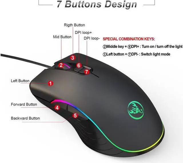 Alt view image 6 of 7 - KEHIPI RGB Gaming Mouse, 6400 dpi, Ergonomic Hand Grips, RGB Backlit Optical Wired Gaming Mouse 7 Programmable Buttons