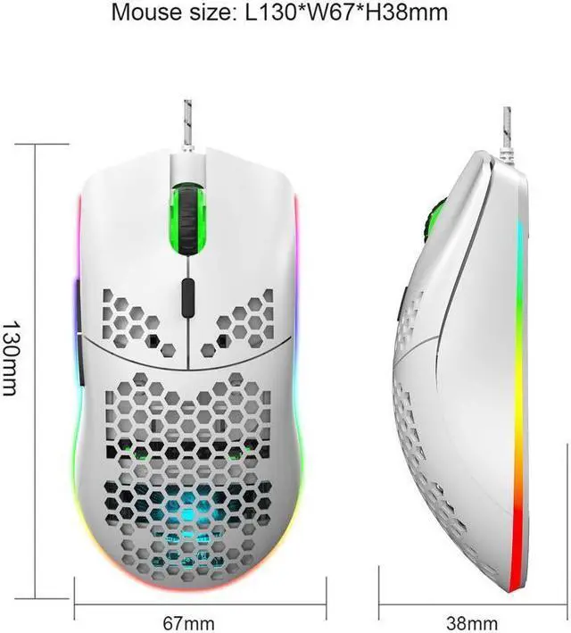 Alt view image 6 of 6 - KEHIPI Programmable RGB Gaming Mouse, 6 DPI (1000/1600/2400/3200/4800/6400) 96g Ultra Lightweight Honeycomb Optical LED Wired Mouse with Programmable 6 Keys RGB Marquee Effect Light White