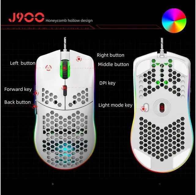 Alt view image 2 of 6 - KEHIPI Programmable RGB Gaming Mouse, 6 DPI (1000/1600/2400/3200/4800/6400) 96g Ultra Lightweight Honeycomb Optical LED Wired Mouse with Programmable 6 Keys RGB Marquee Effect Light White