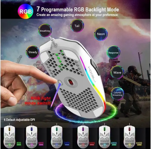 Alt view image 3 of 6 - KEHIPI Programmable RGB Gaming Mouse, 6 DPI (1000/1600/2400/3200/4800/6400) 96g Ultra Lightweight Honeycomb Optical LED Wired Mouse with Programmable 6 Keys RGB Marquee Effect Light White