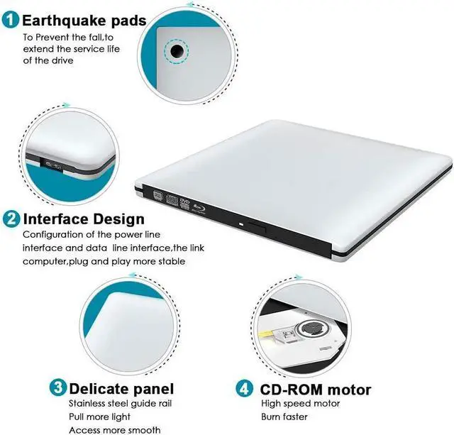 Alt view image 3 of 7 - KEHIPI External 3D Blu ray CD DVD Drive, Portable USB 3.0 and Type-C Blu-ray CD/DVD+/-RW Burner Player Writer Reader Rewriter for PC Netbook Laptop Desktop with Mac OS Windows XP/7/8/10 Silver