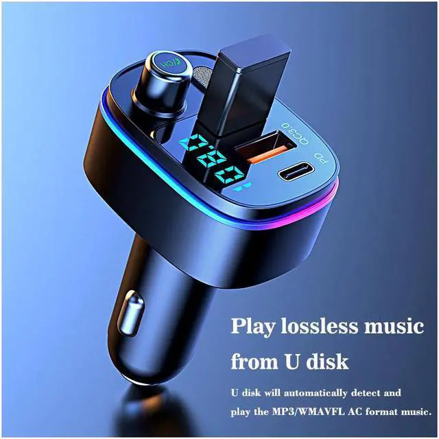 Alt view image 6 of 7 - KEHIPI Bluetooth 5.0 FM Transmitter for Car, QC3.0+Type-C PD 20W Car Charger, Wireless FM Radio Bass Sound Music Player, Car Kit with Hands-Free Calls, Support U Disk,7 Colors LED Backlit