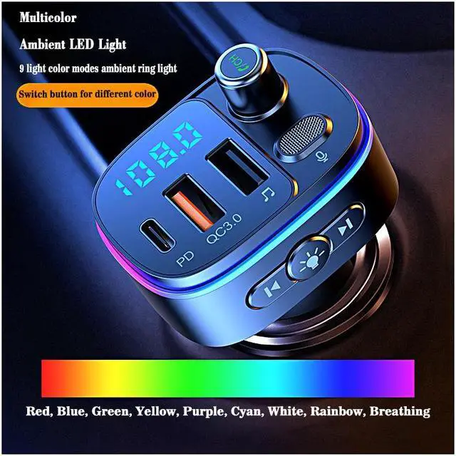 Alt view image 3 of 7 - KEHIPI Bluetooth 5.0 FM Transmitter for Car, QC3.0+Type-C PD 20W Car Charger, Wireless FM Radio Bass Sound Music Player, Car Kit with Hands-Free Calls, Support U Disk,7 Colors LED Backlit