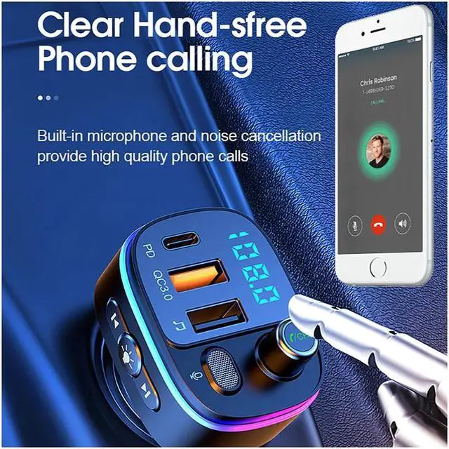 Alt view image 7 of 7 - KEHIPI Bluetooth 5.0 FM Transmitter for Car, QC3.0+Type-C PD 20W Car Charger, Wireless FM Radio Bass Sound Music Player, Car Kit with Hands-Free Calls, Support U Disk,7 Colors LED Backlit