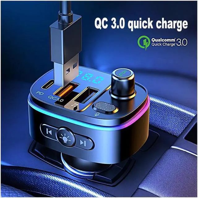 Alt view image 2 of 7 - KEHIPI Bluetooth 5.0 FM Transmitter for Car, QC3.0+Type-C PD 20W Car Charger, Wireless FM Radio Bass Sound Music Player, Car Kit with Hands-Free Calls, Support U Disk,7 Colors LED Backlit