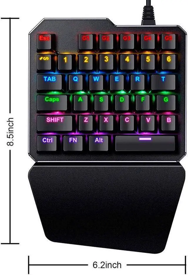 Alt view image 6 of 6 - KEHIPI One Handed Mechanical Gaming Keyboard , Mechanical Portable RGB LED Backlit Game Keyboard with Keypad for LOL/PUBG/Wow/Dota/OW/Fps Game, Blue Switches, 35 Keys