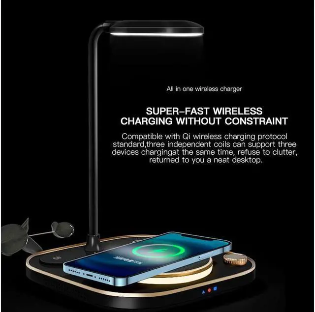 Alt view image 4 of 7 - KEHIPI 4 in 1 LED Desk Lamp with Wireless Charging Station for Multiple Devices Qi Wireless Certified Compatible with iPhone 13/12, 13/12 Pro, 13/12 Pro Max, iWatch, Airpods 2/Pro with LED Light White