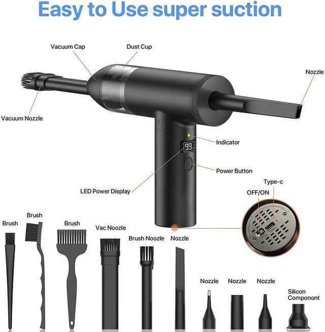 Alt view image 2 of 7 - KEHIPI Compressed Air Duster, 102000RPM Electric Air Duster & Vacuum Cleaner 2 in 1 Rechargeable 7800mAh Cordless, Keyboard and Computer Cleaner, Replaces Compressed Air Cans (Black)