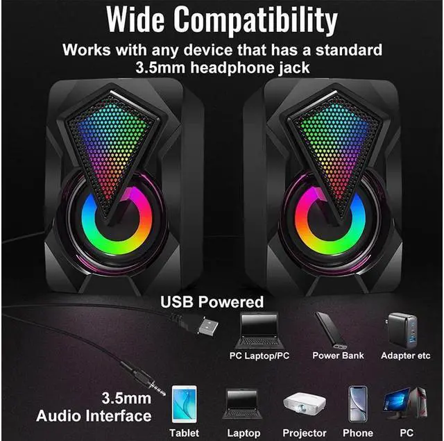 Alt view image 4 of 7 - KEHIPI Computer Speakers X2 Wired PC Speaker 2.0 USB Gaming Powered Stereo Mini Multimedia Volume Control with RGB Lights 3.5mm Aux Input for Phone Tablets Desktop Laptop