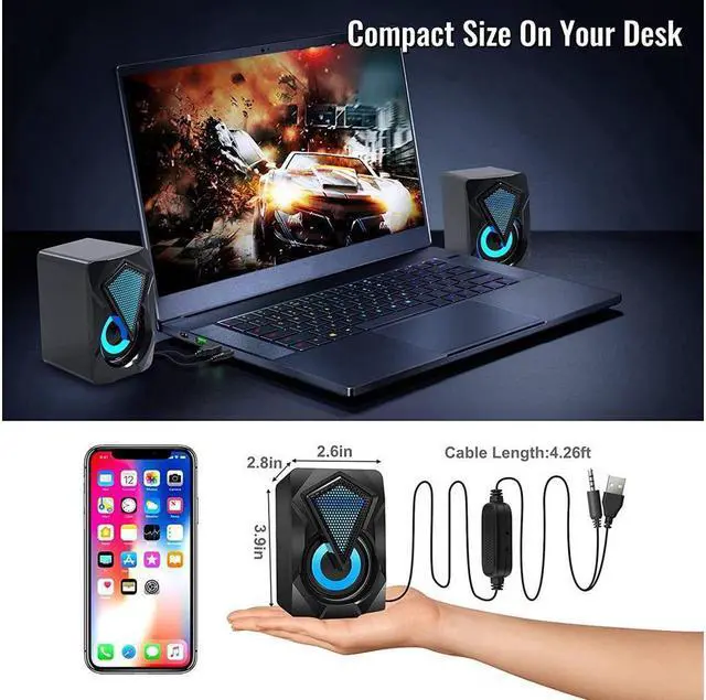 Alt view image 6 of 7 - KEHIPI Computer Speakers X2 Wired PC Speaker 2.0 USB Gaming Powered Stereo Mini Multimedia Volume Control with RGB Lights 3.5mm Aux Input for Phone Tablets Desktop Laptop