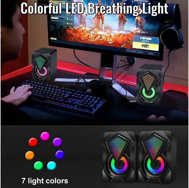 Alt view image 3 of 7 - KEHIPI Computer Speakers X2 Wired PC Speaker 2.0 USB Gaming Powered Stereo Mini Multimedia Volume Control with RGB Lights 3.5mm Aux Input for Phone Tablets Desktop Laptop