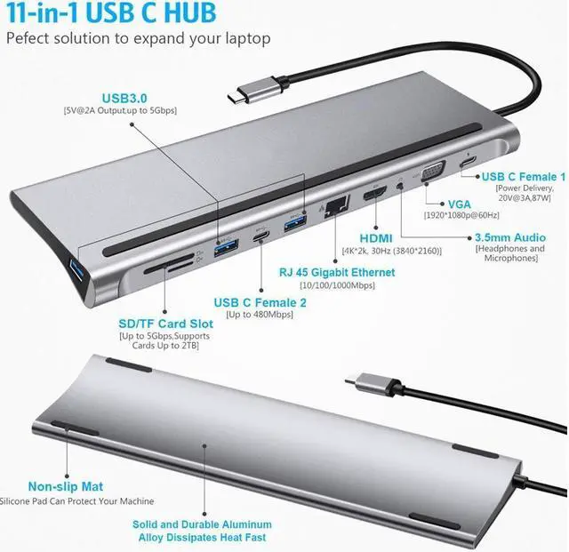 Alt view image 2 of 7 - KEHIPI 11-In-1 Multi-Interface Type-C Docking Station USB Hub ,87W USB C charging port, 4K HD port, VGA port, SD card and TF card reader ,3.5 mm audio/microphone jack, USB 3.0 ports,RJ45,HDMI