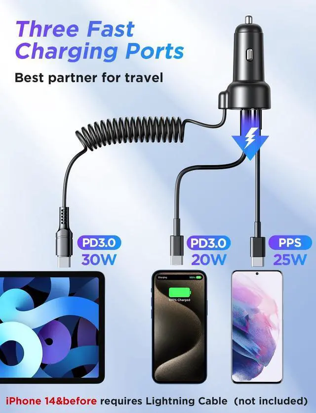Alt view image 4 of 7 - KEHIPI USB C 60W Super Fast Car Charger PD& QC3.0 with 5ft 30W Type C Coiled Cable, Car Phone Charger Adapter for iPhone 15 Pro Max Plus, Samsung Galaxy S23/S22/S21, Google Pixel/Moto/LG/Android, iPad