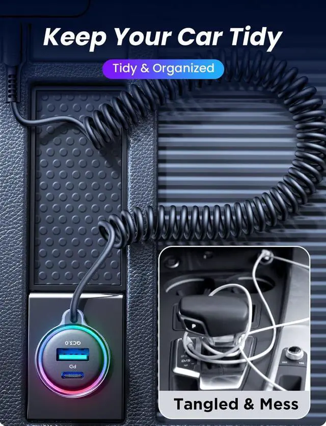 Alt view image 5 of 7 - KEHIPI USB C 60W Super Fast Car Charger PD& QC3.0 with 5ft 30W Type C Coiled Cable, Car Phone Charger Adapter for iPhone 15 Pro Max Plus, Samsung Galaxy S23/S22/S21, Google Pixel/Moto/LG/Android, iPad