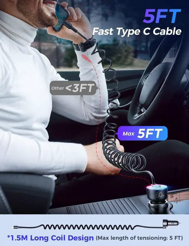 Alt view image 6 of 7 - KEHIPI USB C 60W Super Fast Car Charger PD& QC3.0 with 5ft 30W Type C Coiled Cable, Car Phone Charger Adapter for iPhone 15 Pro Max Plus, Samsung Galaxy S23/S22/S21, Google Pixel/Moto/LG/Android, iPad