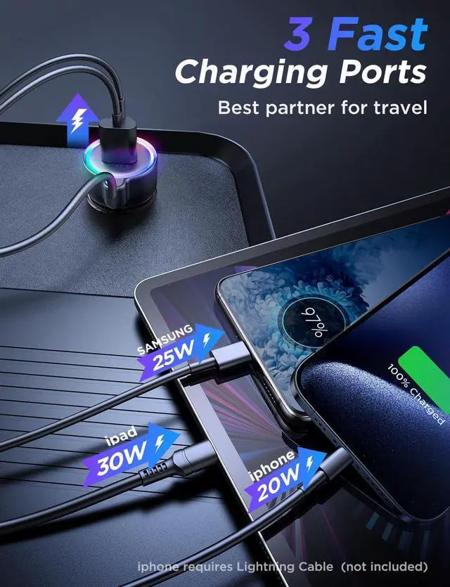 Alt view image 2 of 7 - KEHIPI USB C 60W Super Fast Car Charger PD& QC3.0 with 5ft 30W Type C Coiled Cable, Car Phone Charger Adapter for iPhone 15 Pro Max Plus, Samsung Galaxy S23/S22/S21, Google Pixel/Moto/LG/Android, iPad