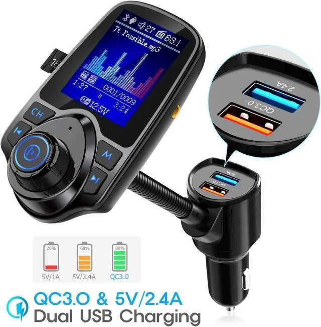 Alt view image 2 of 6 - KEHIPI Wireless In-Car Bluetooth FM Transmitter Radio Adapter Car Kit W 1.8 Inch Display Supports TF/SD Card and USB Car Charger for All Smartphones Audio Players-KM18 color