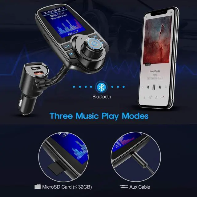 Alt view image 5 of 6 - KEHIPI Wireless In-Car Bluetooth FM Transmitter Radio Adapter Car Kit W 1.8 Inch Display Supports TF/SD Card and USB Car Charger for All Smartphones Audio Players-KM18 color