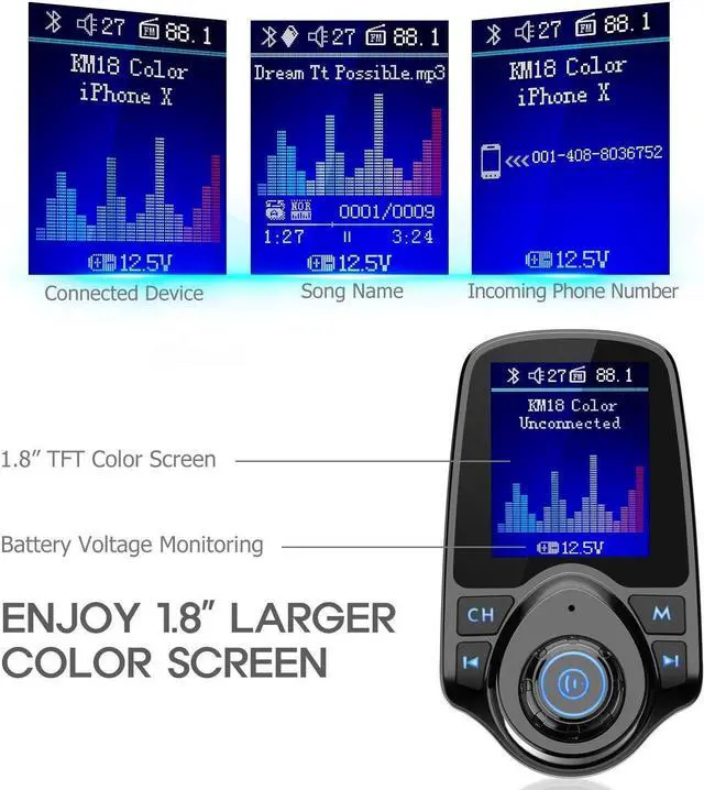 Alt view image 3 of 6 - KEHIPI Wireless In-Car Bluetooth FM Transmitter Radio Adapter Car Kit W 1.8 Inch Display Supports TF/SD Card and USB Car Charger for All Smartphones Audio Players-KM18 color