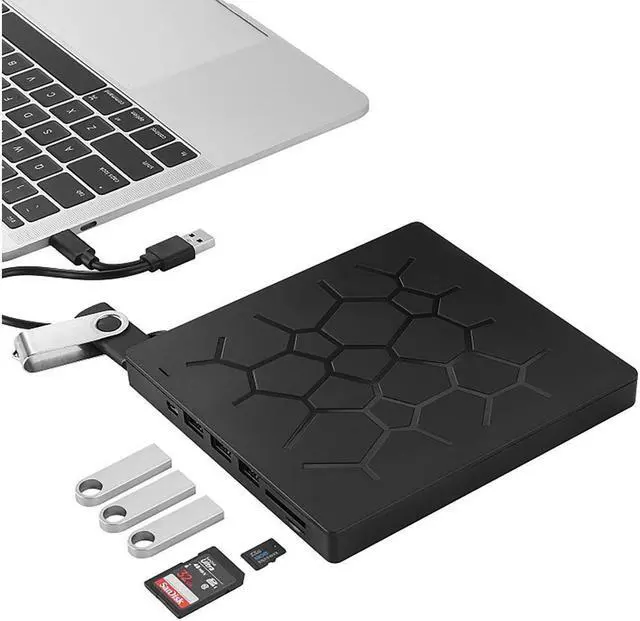 Main image of KEHIPI Multifunct External DVD Drive with 4 USB Ports and 2 SD Card Slots, USB 3.0 Type C CD/DVD Player, Portable Optical Burner Writer Rewriter, High Speed Data Transfer for MAC OS Windows 7/8/10