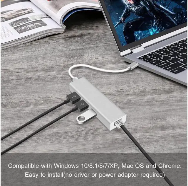 Alt view image 4 of 7 - KEHIPI USB C to Ethernet Adapter with 3 Port USB3.0, USB Type C to 1000/100/10Mbps RJ45 LAN Gigabit Ethernet Network Adapter for Type C Laptops and Other USB Type C Devices,Windows 7/8/8.1/10,MacOS