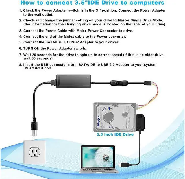 Alt view image 6 of 7 - KEHIPI SATA/PATA/IDE Drive to USB 2.0 Adapter Converter Cable for Hard Drive Disk HDD 2.5" 3.5", Compatible with USB 1.1/2.0/3.0, with External AC Power Adapter Included