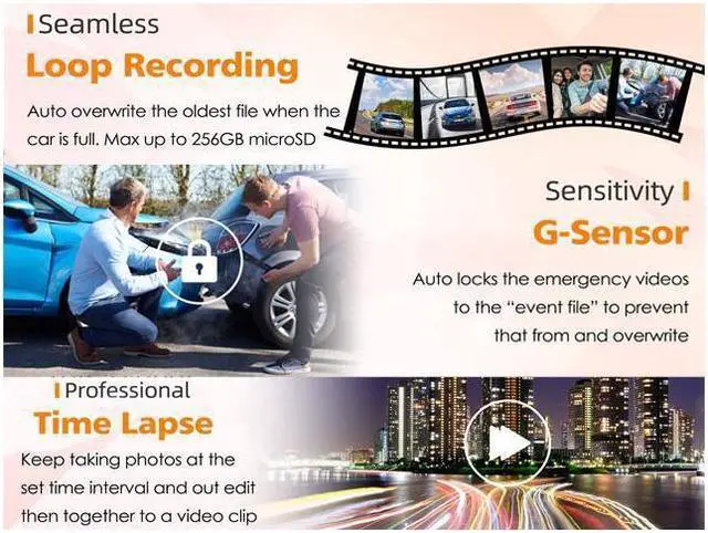 Alt view image 7 of 7 - KEHIPI 3 Channel 2K/Dual 4K Dash Cam, WDR Car Camera, 3.2" Screen Car Dash Camera, Driving Recorder with Built-in WiFi GPS, IR Night Vision, Parking Monitor, Motion Detection, Loop Recording,G-sensor