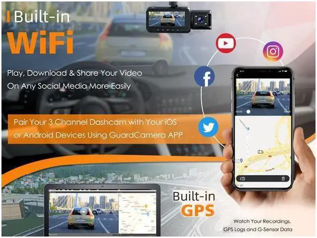 Alt view image 3 of 7 - KEHIPI 3 Channel 2K/Dual 4K Dash Cam, WDR Car Camera, 3.2" Screen Car Dash Camera, Driving Recorder with Built-in WiFi GPS, IR Night Vision, Parking Monitor, Motion Detection, Loop Recording,G-sensor